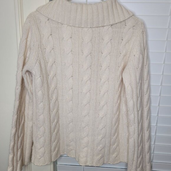 Eddie Bauer Womens Cable Knit Cream Sweater L Wool Blend Shawl buttons - Picture 2 of 5